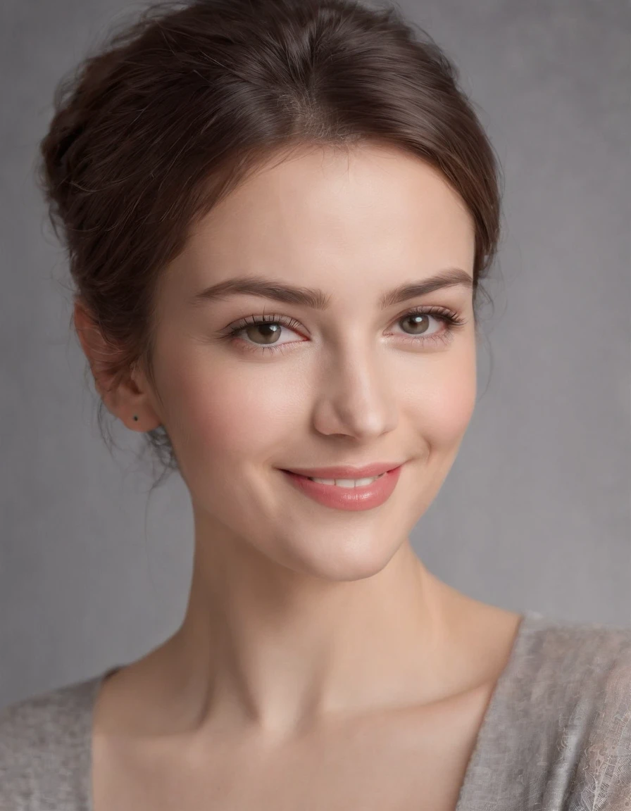 (photo: 1.3) af (realistic: 1.3), Caucasian woman, soft light, clear face, happy, cheerful, smiling, warm light, ((gray-white gradient background)), (background)). ((gray wall background)) avatar, (long or short hair), smile, handsome, young,, short hair, smile, ((close-up))