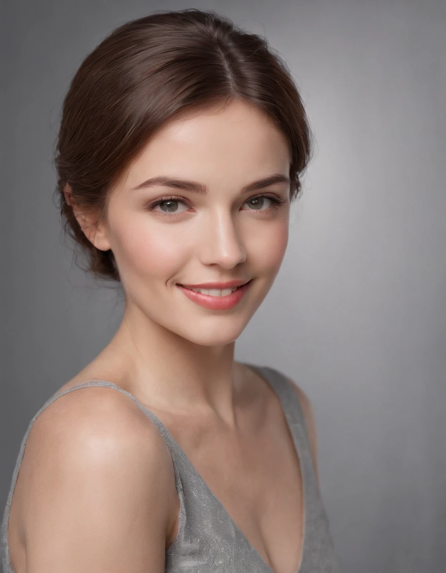 (photo: 1.3) af (realistic: 1.3), Caucasian woman, soft light, clear face, happy, cheerful, smiling, warm light, ((gray-white gradient background)), (background)). ((gray wall background)) avatar, (long or short hair), smile, handsome, young,, short hair, smile, ((close-up))