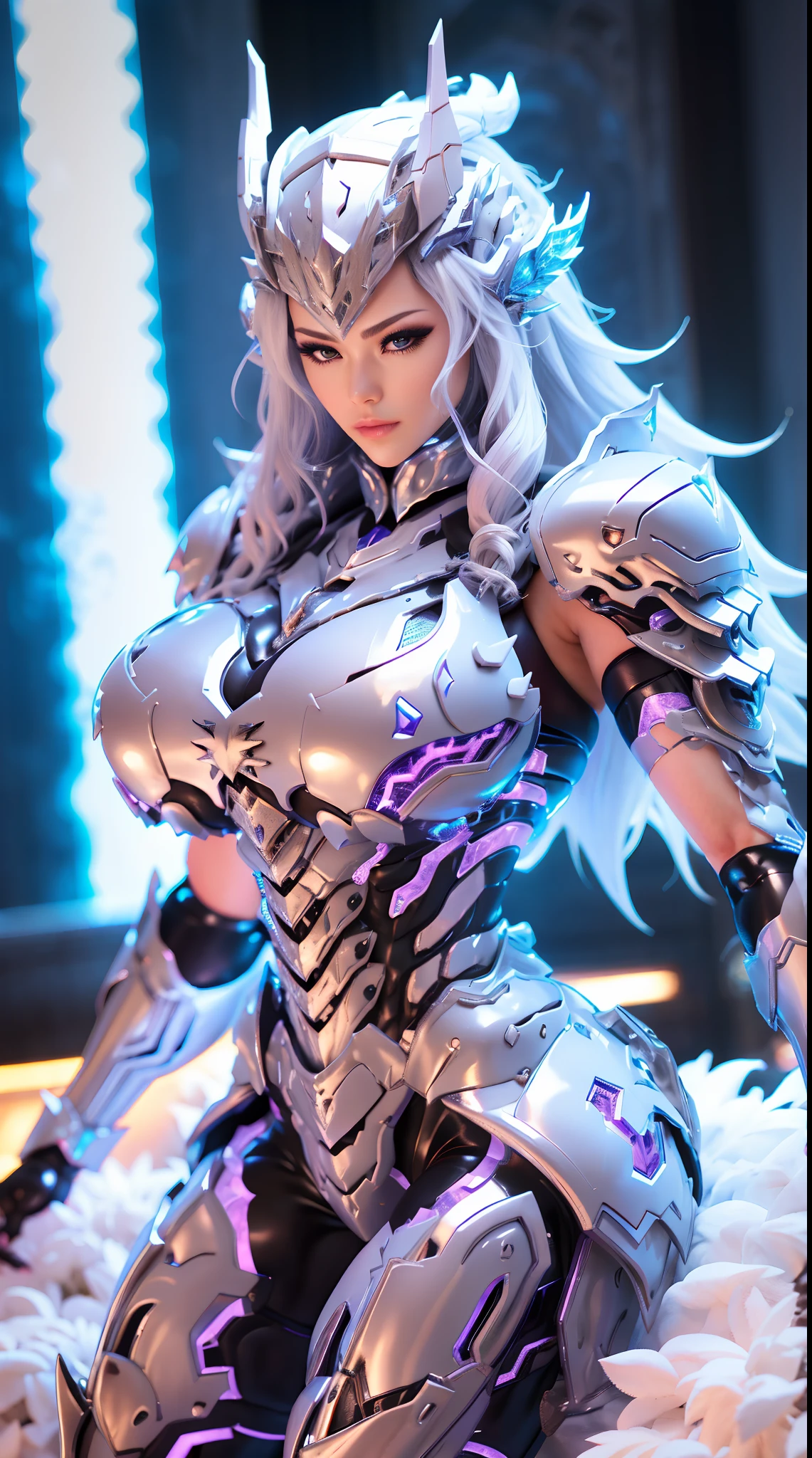 A WOMAN, BEAUTIFULL FACE, HUGE BOOBS, RGB, WHITE, GOLD, PURPLE, MECHA ARMOR FULL SUIT, (CLEAVAGE), TRANSPARANT, TALL LEGS, STANDING, SEXY BODY, MUSCLE ABS.