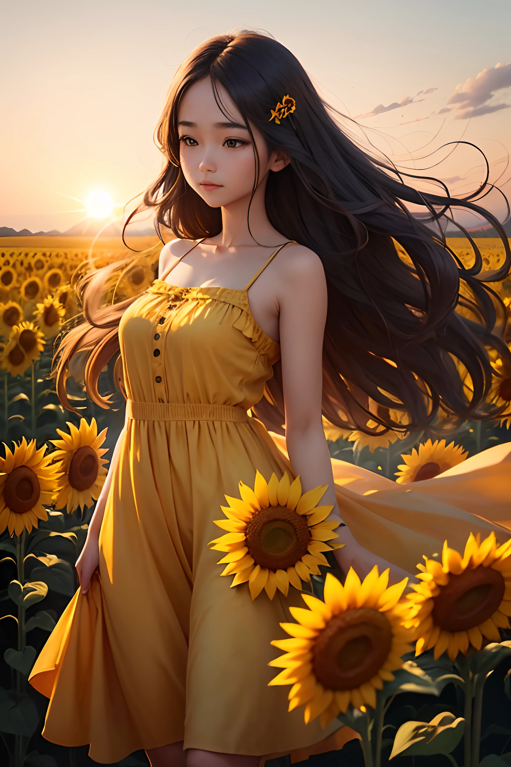 Picture a breathtaking scene of a beautiful girl standing in the midst of a vast sunflower field. The sun is gently setting on the horizon, casting a warm, golden glow over the field. The girl has a serene and contented expression as she reaches out to touch the sunflower petals. Her long hair dances in the breeze, and she's wearing a flowing, summery dress that matches the vibrant yellow of the sunflowers. The whole scene exudes peace and tranquility, making it a perfect moment of natural beauty and serenity.