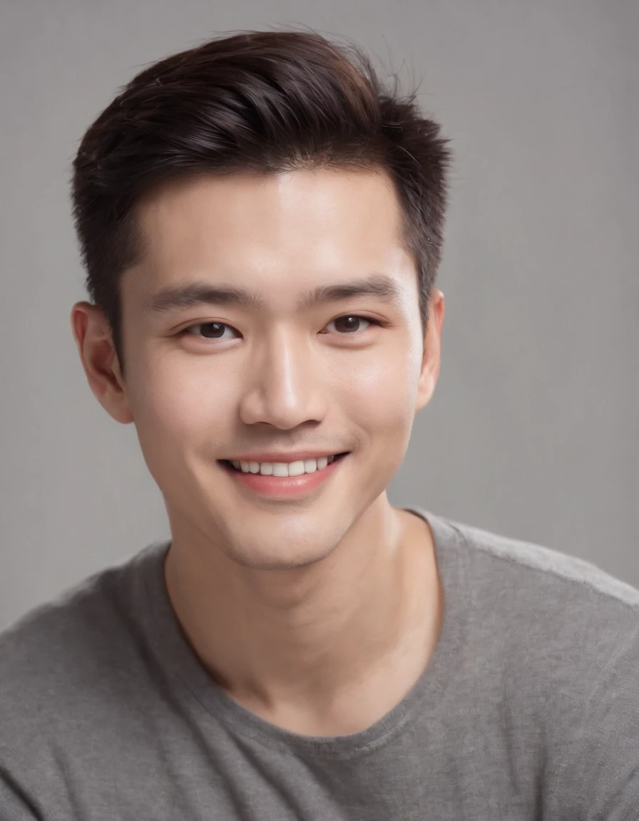 (photo: 1.3) af (realistic: 1.3), east asian man, soft light, clear face, happy, cheerful, smiling, warm light, ((gray-white gradient background)), (background)). ((gray wall background)) avatar, (long or short hair), smile, handsome, young,, short hair, smile, ((close-up))