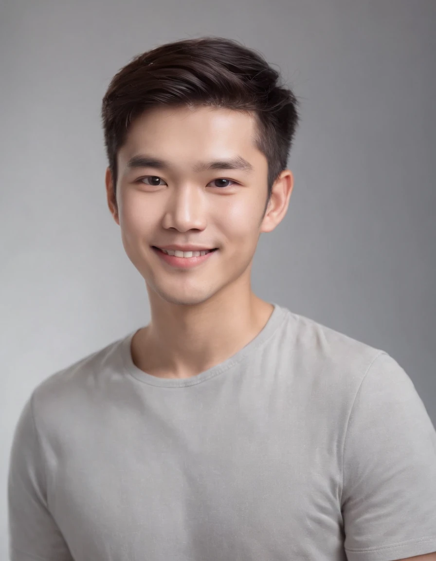 (photo: 1.3) af (realistic: 1.3), east asian man, soft light, clear face, happy, cheerful, smiling, warm light, ((gray-white gradient background)), (background)). ((gray wall background)) avatar, (long or short hair), smile, handsome, young,, short hair, smile, ((close-up))