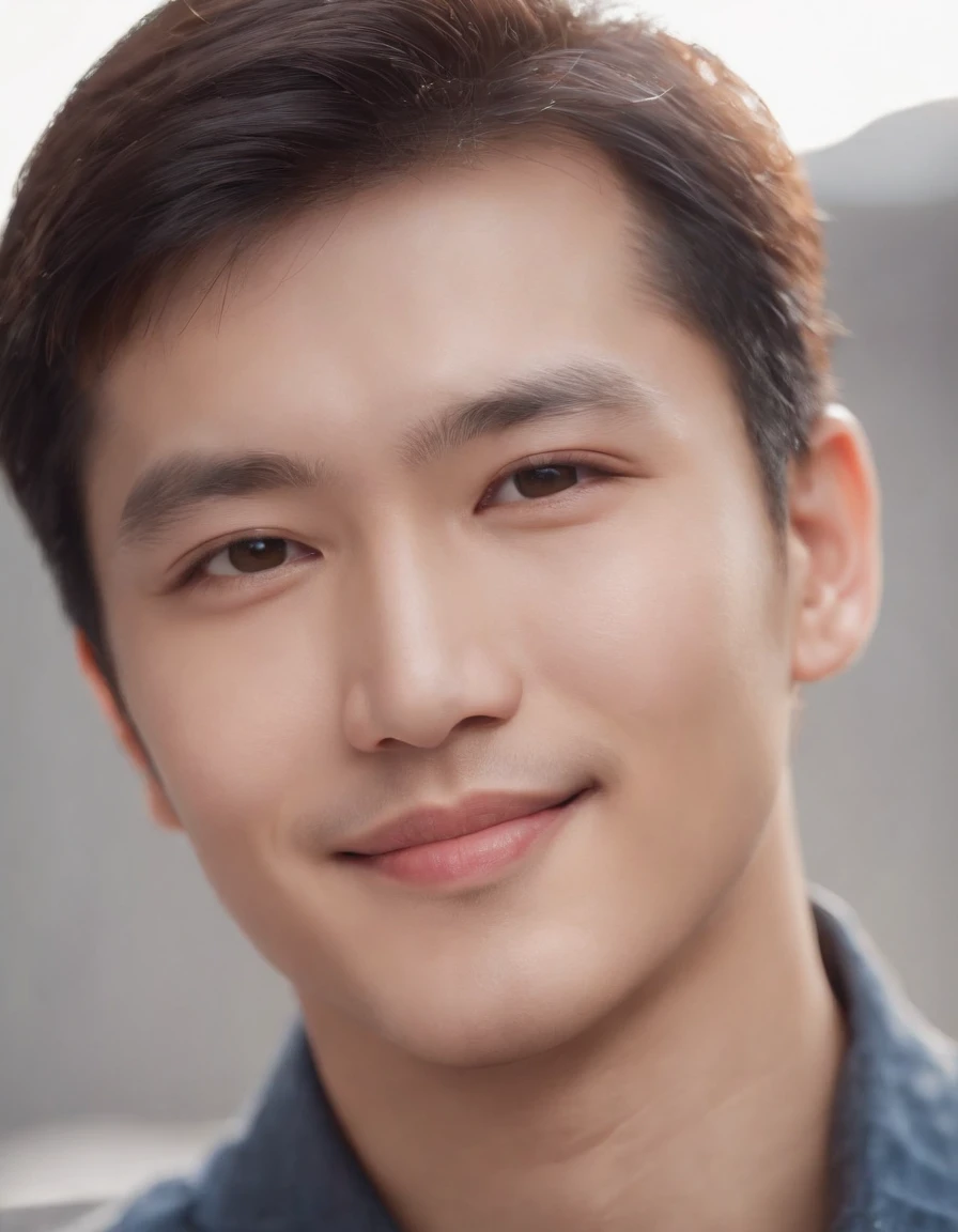 (photo: 1.3) af (realistic: 1.3), east asian man, soft light, clear face, happy, cheerful, smiling, warm light, ((gray-white gradient background)), (background)). ((gray wall background)) avatar, (long or short hair), smile, handsome, young,, short hair, smile, ((close-up))