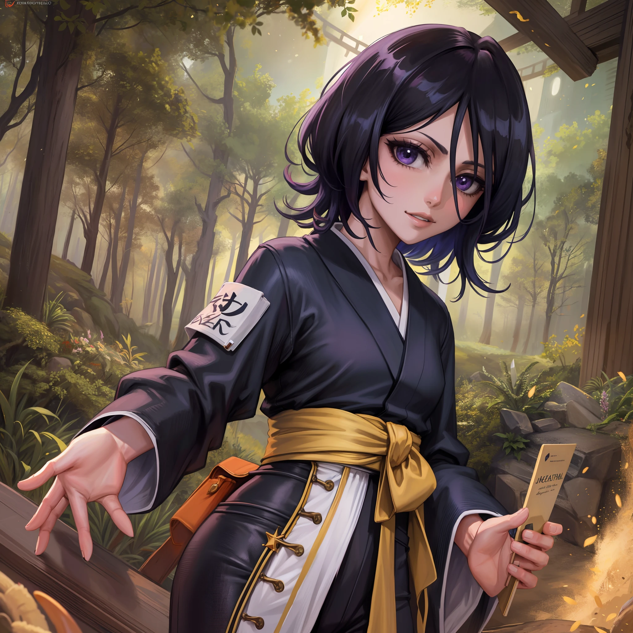 Pantalla de anime, cielo nocturno, luna, bosque, Camino, 1girl, solamente, pelo corto, cabello negro, purple eyes, Ropa japonesa, Mirando al espectador, kimono negro, pelo entre los ojos, Disparo de vaquero, mangas anchas, Pantalones hakama, Blanco_sash, derriere, boca cerrada, sonrisa, caminar, Mira a tu alrededor, caderas anchas, grande