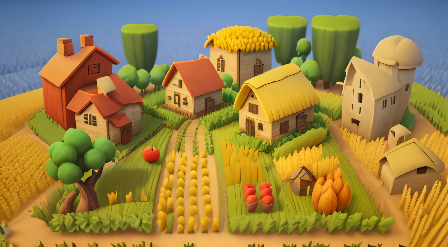 game architecture design, cartoon, a large wheat field, farm, stones, grass, vegetables, wheat, trees, animals, casual play style, 3d, masterpiece, super detail, best quality