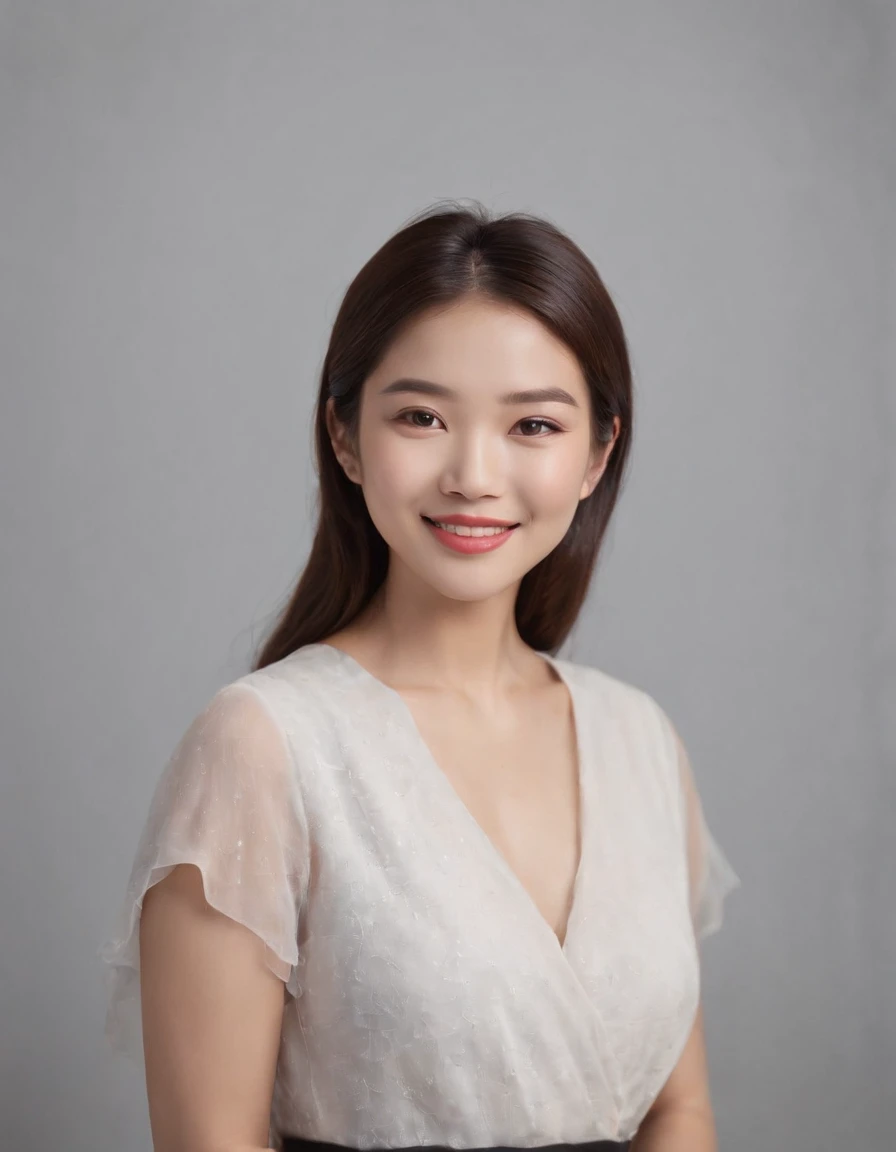 (photo: 1.3) af (realistic: 1.3), east asian woman, soft light, clear face, happy, cheerful, smiling, warm light, ((gray-white gradient background)), (background)). ((gray wall background)) avatar, (long or short hair), smile, handsome, young,, short hair, smile, ((close-up))