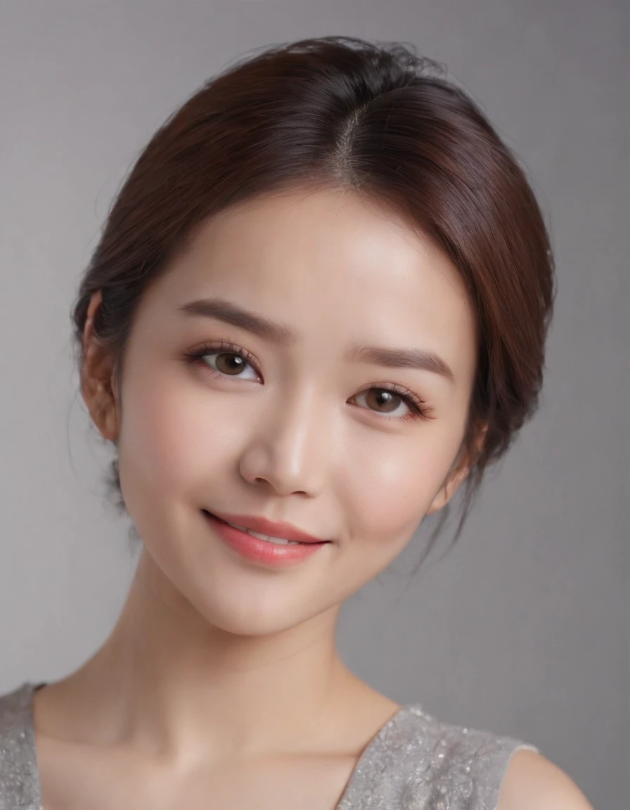 (photo: 1.3) af (realistic: 1.3), east asian woman, soft light, clear face, happy, cheerful, smiling, warm light, ((gray-white gradient background)), (background)). ((gray wall background)) avatar, (long or short hair), smile, handsome, young,, short hair, smile, ((close-up))