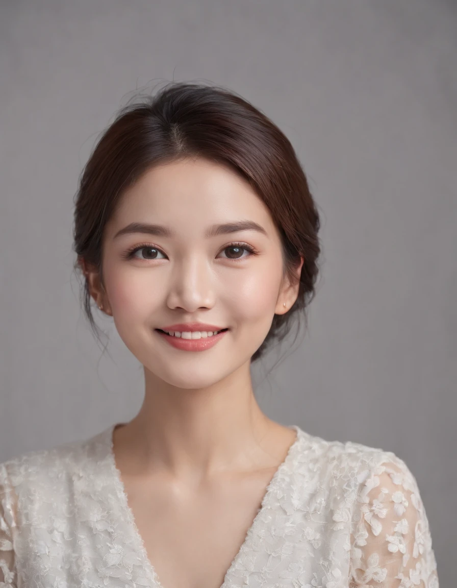 (photo: 1.3) af (realistic: 1.3), east asian woman, soft light, clear face, happy, cheerful, smiling, warm light, ((gray-white gradient background)), (background)). ((gray wall background)) avatar, (long or short hair), smile, handsome, young,, short hair, smile, ((close-up))