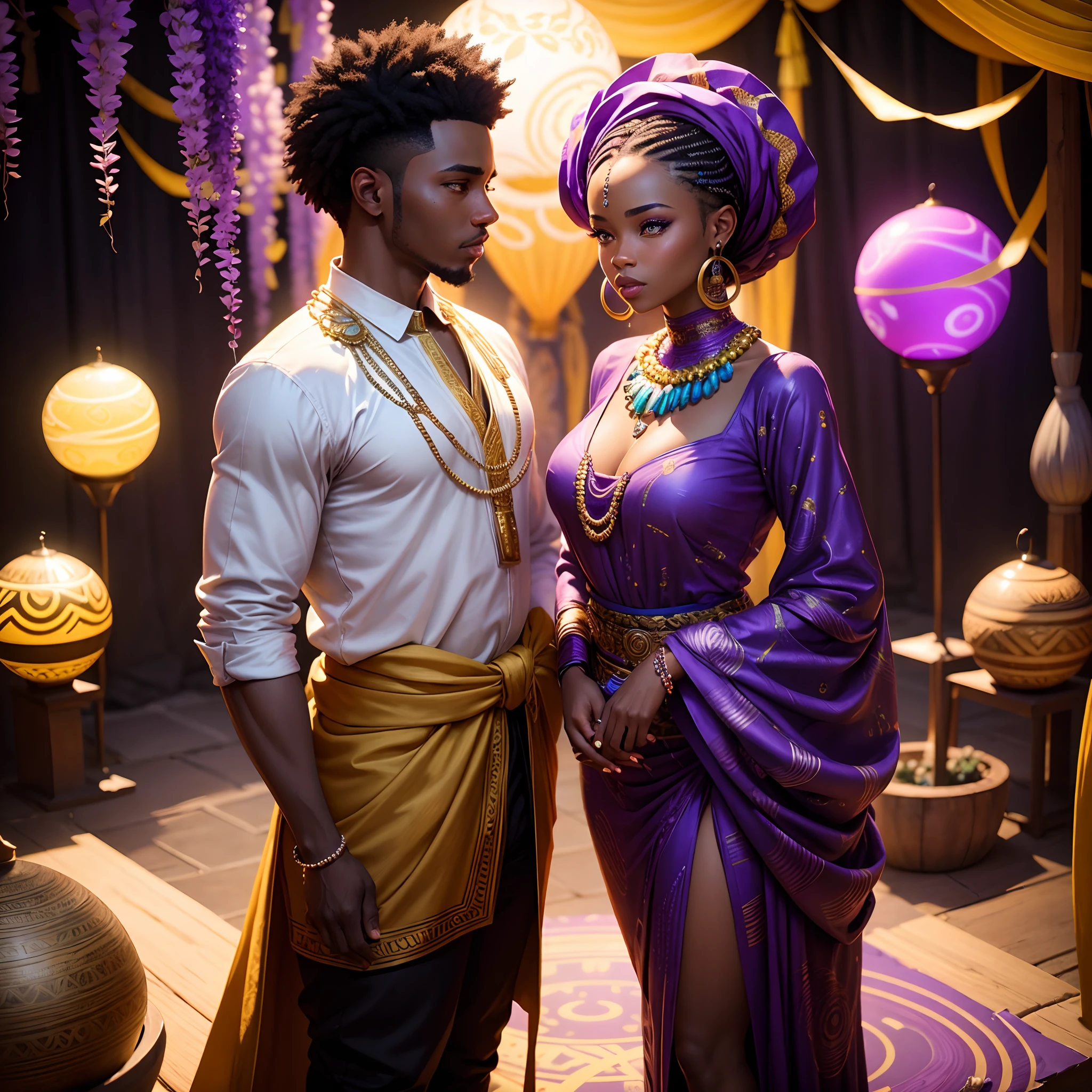 African traditional wedding of a Black man wedding a black woman, under a wisteria tree both wearing neon lit African designed clothes and neon lit African designed beads, standing on a reflective black surface surrounded by congregation sitting on glowing marble spheres on the surface, dark area with light shining from the glowing marble spheres, with iridescent light, hyper-realistic image, 32k, ultra HD, cinematic lighting, artgerm style, highly detailed images, vibrant and beautiful colours,