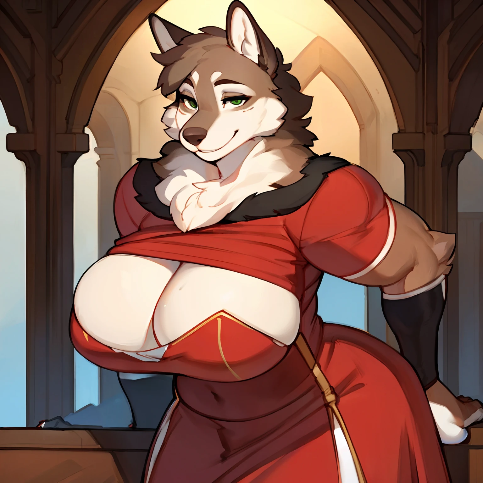 By chelodoy, by zaush, by bebebebebe, by spuydjeks, by meesh, by bigcozyorca, solo, Chubby_muscular_timberwolf female brown_furry_body green_eyes milf fluffy medieval_dress solo Masterpiece best_quality absurdres highly_detailed cleanly_drawn_eyes anthro_only motherly_smile large_breasts by_claweddrip, by_greasymojo, by_underscore-b, by_runawaystride