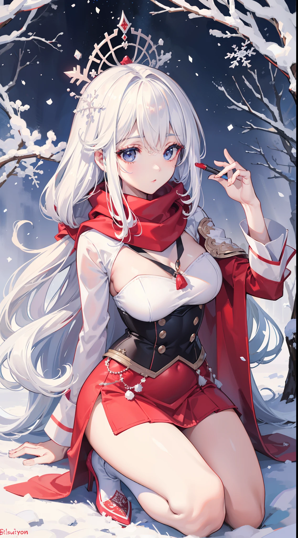 A peerless beauty,Beautiful facial features,putting makeup on,Blushlush,(cabelos preto e longos,White down jacket,Red scarf),high-heels,(Fuyuhime love song,plane trees,Snowflakes flying,White snow),Realiy,modern day,Portrait photo,Get close to the lens,depth of fields,