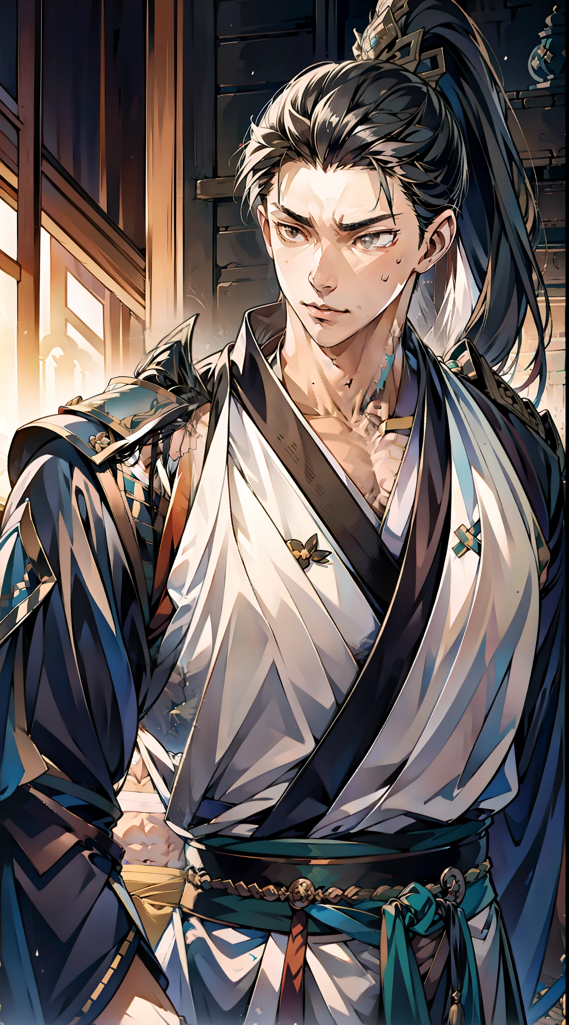 quadratic element，style of anime，mtu（Male Warrior），The proportions are correct，Face details，swordsmen，High ponytail hairstyle，Neck details，There is an Adam's apple，Black Hanfu，kaftan，Embroidered robes，Black robe，clothes details，Handing over，longer sleeves，Game quality，Swordsmanship，Light and shadow tracking，Ray traching，detailed glow，cg render，hair detail，cabelos preto e longos，Black eyes，Handsome，Handsome，（juvenile sense），Clothing is complicated，Perfectcomposition，Refinement，high qulity，higher details，Lots of details，The background is complex，a sense of atmosphere，