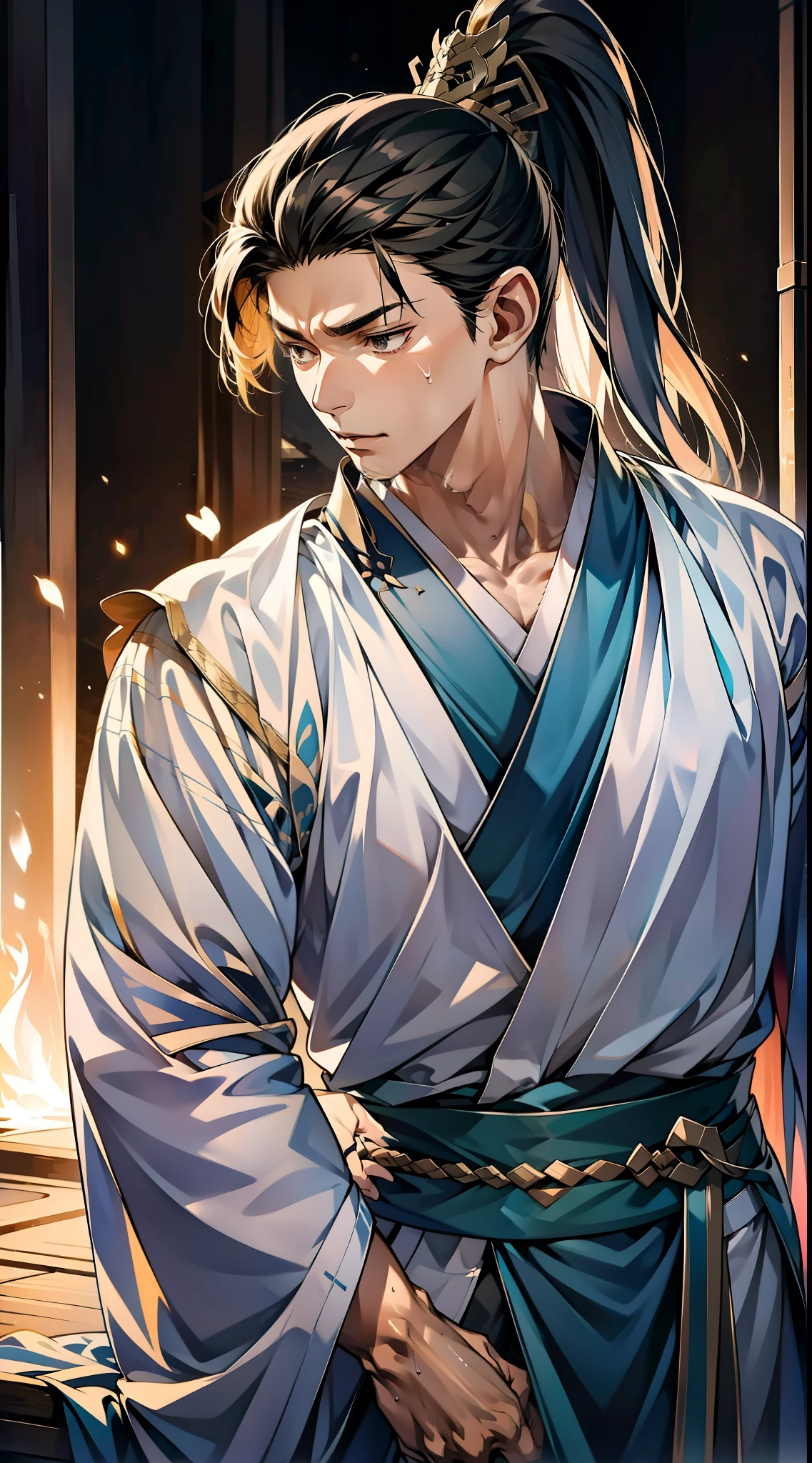 quadratic element,style of anime,mtu(Male Warrior),The proportions are correct,Face details,swordsmen,High ponytail hairstyle,Neck details,There is an Adam's apple,Black Hanfu,kaftan,Embroidered robes,Black robe,clothes details,Handing over,longer sleeves,Game quality,Swordsmanship,Light and shadow tracking,Ray traching,detailed glow,cg render,hair detail,cabelos preto e longos,Black eyes,Handsome,Handsome,(juvenile sense),Clothing is complicated,Perfectcomposition,Refinement,high qulity,higher details,Lots of details,The background is complex,a sense of atmosphere,