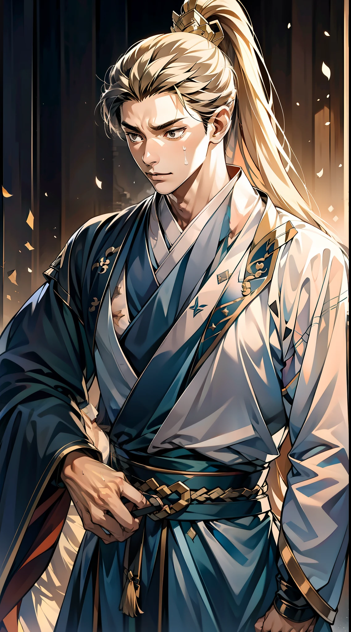 quadratic element,style of anime,mtu(Male Warrior),The proportions are correct,Face details,swordsmen,High ponytail hairstyle,Neck details,There is an Adam's apple,Black Hanfu,kaftan,Embroidered robes,Black robe,clothes details,Handing over,longer sleeves,Game quality,Swordsmanship,Light and shadow tracking,Ray traching,detailed glow,cg render,hair detail,cabelos preto e longos,Black eyes,Handsome,Handsome,(juvenile sense),Clothing is complicated,Perfectcomposition,Refinement,high qulity,higher details,Lots of details,The background is complex,a sense of atmosphere,