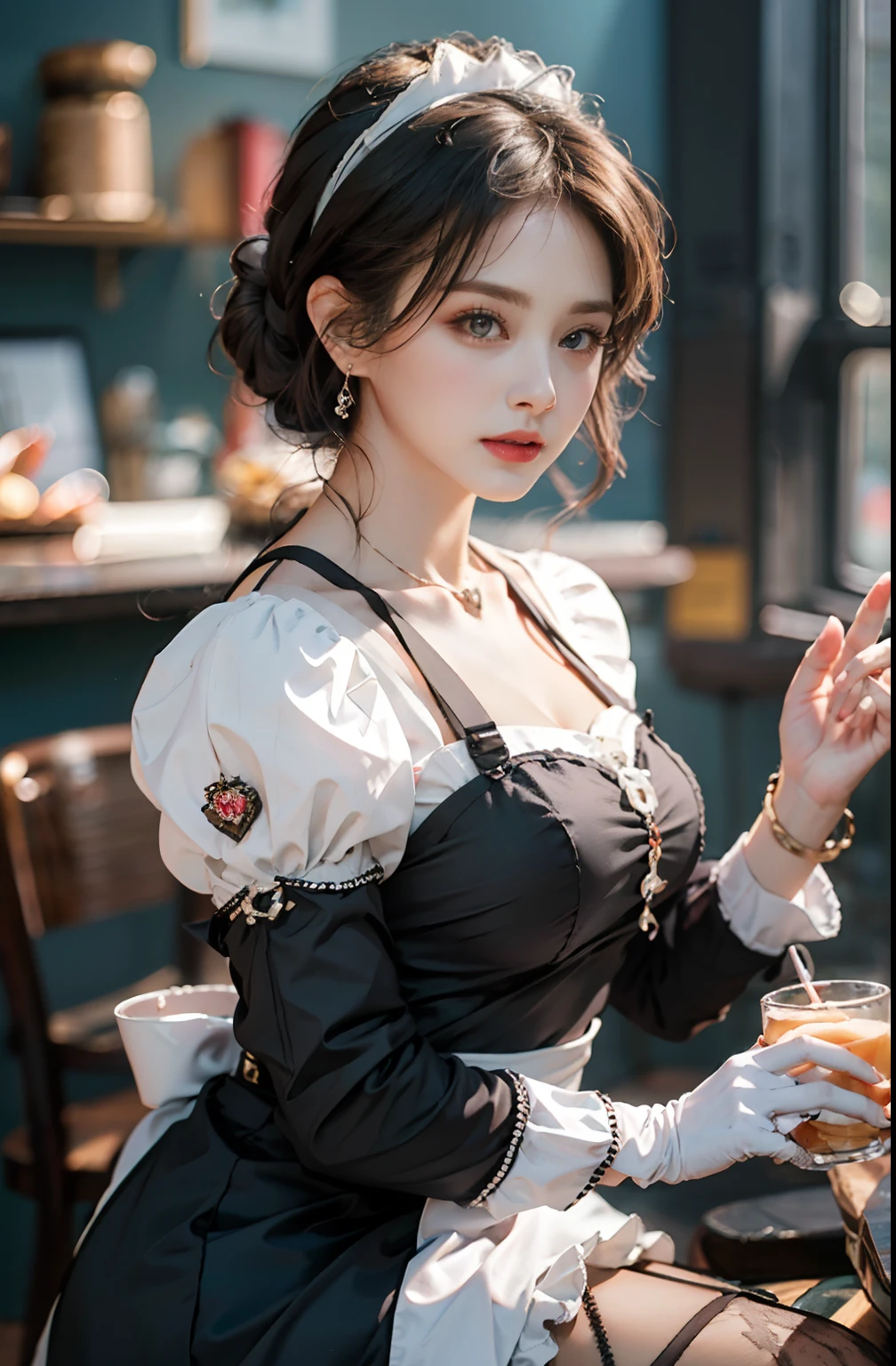 (8K, Raw photography, top-quality, masterpiece: 1.2), masterpiece, Super Detail, 超A high resolution, (Realistic and realistic photos: 1.37), high-definition RAW color photography, extremely delicate and beautiful, ighly detailed, 8K Wallpaper, astonishing, detaileds, extremely detailed eye, highlydetailed skin, extremely detailed fingers, highly detailed nose, highly detail mouth, perfect anatomia,1girl in, Apron, Black Dress, Blurry, Blurry background, Blurred foreground, blush, braid, breasts, depth of fields, Dress, eyebrows visible through hair, frilld, gloves, hair between eye, Indoors, Jewelry, juliet sleeves, Long sleeves, Looking at Viewer, maid, maid apronl, Maid headdress, Puffy sleeves, Short hair, Sitting, Solo, White Apron, window, Huge boobs、hposing Gravure Idol、女優、25-years old、tall、cafes、resturant、Italy、Americans、Australia