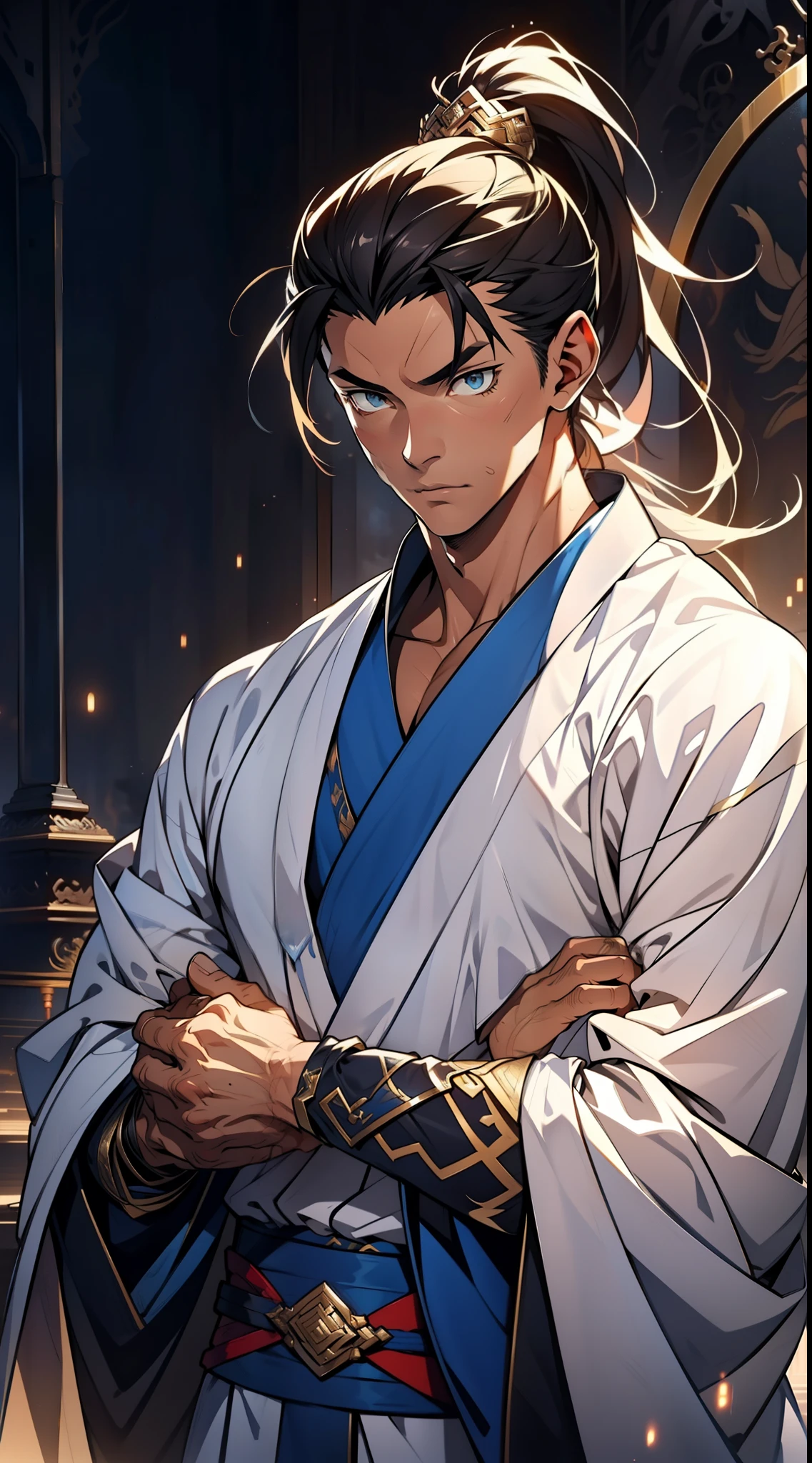 quadratic element,style of anime,mtu(Male Warrior),The proportions are correct,Face details,swordsmen,High ponytail hairstyle,Neck details,There is an Adam's apple,White robe,kaftan,long white robe,clothes details,Handing over,longer sleeves,Game quality,Swordsmanship,Light and shadow tracking,Ray traching,detailed glow,cg render,hair detail,cabelos preto e longos,blue colored eyes,Handsome,Handsome,(juvenile sense),Clothing is complicated,Perfectcomposition,Refinement,high qulity,higher details,Lots of details,The background is complex,a sense of atmosphere,