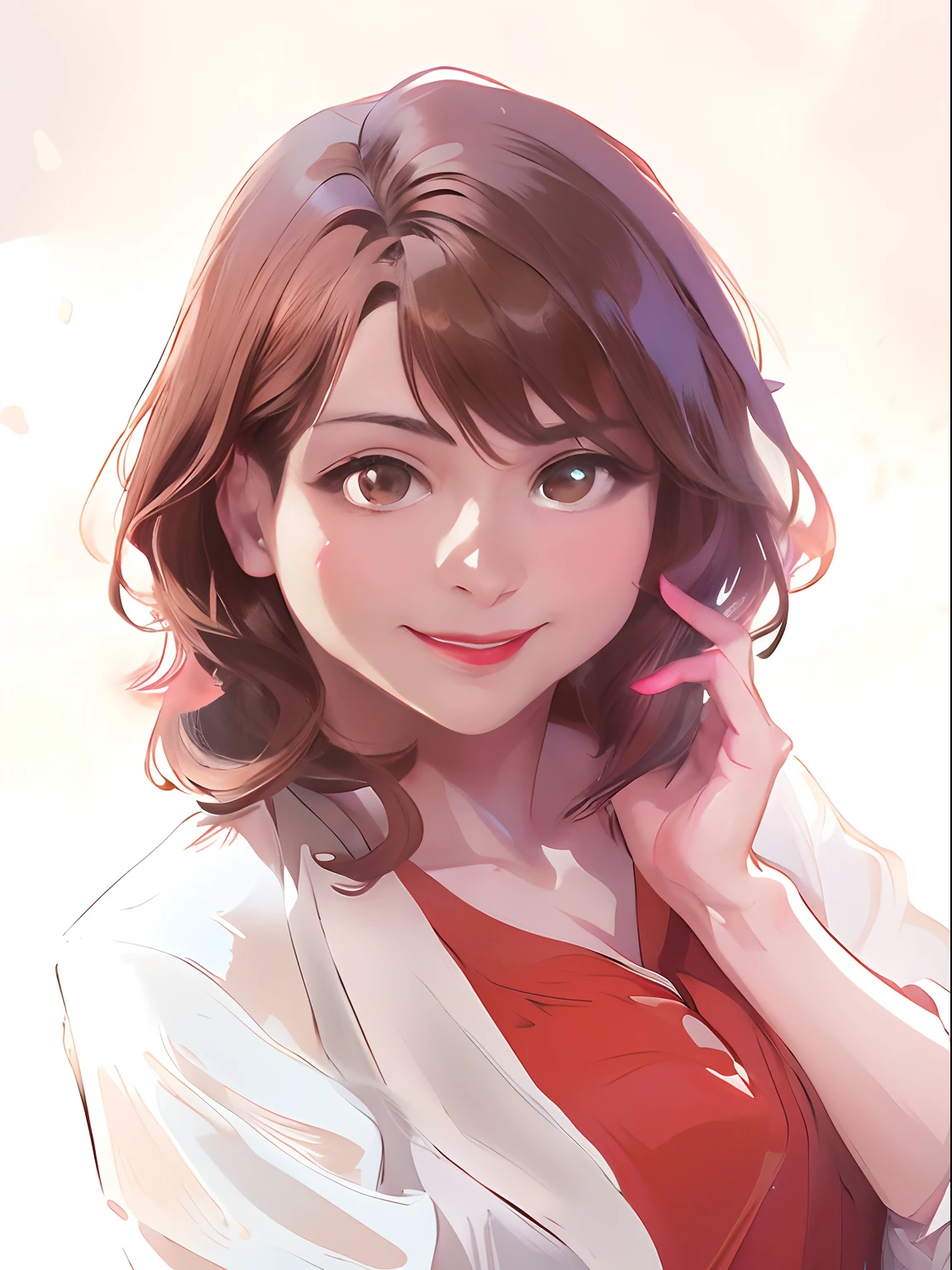 (Best quality,4K,8K,A high resolution,Masterpiece:1.2),Ultra-detailed,Realistic(face,Eyes,nase,Lips),Portrait,Brown hair,fine art,Beautiful detailed eyes,beautiful detailed lips,Detailed expression,Ethereal beauty,captivating posture,subtly lit,Dreamy atmosphere,Purple Background,expressive brush strokes,mystical ambiance,Artistic interpretation,Simple dress with short sleeves,Whithead anime illustration,Subtle colors and tones,mystical aura,