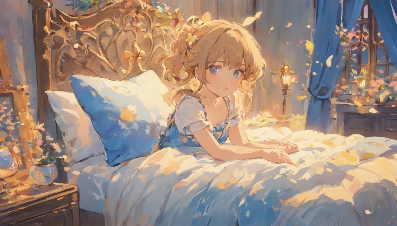 Flowers on the lips、Girl sitting on bed、Whimsical anime style、Carefully drawn down to the smallest detail、light brown and light dark blue,、Lively illustrations、I can't believe this beauty、Multi-layered textures and patterns、Childlike innocence and charm