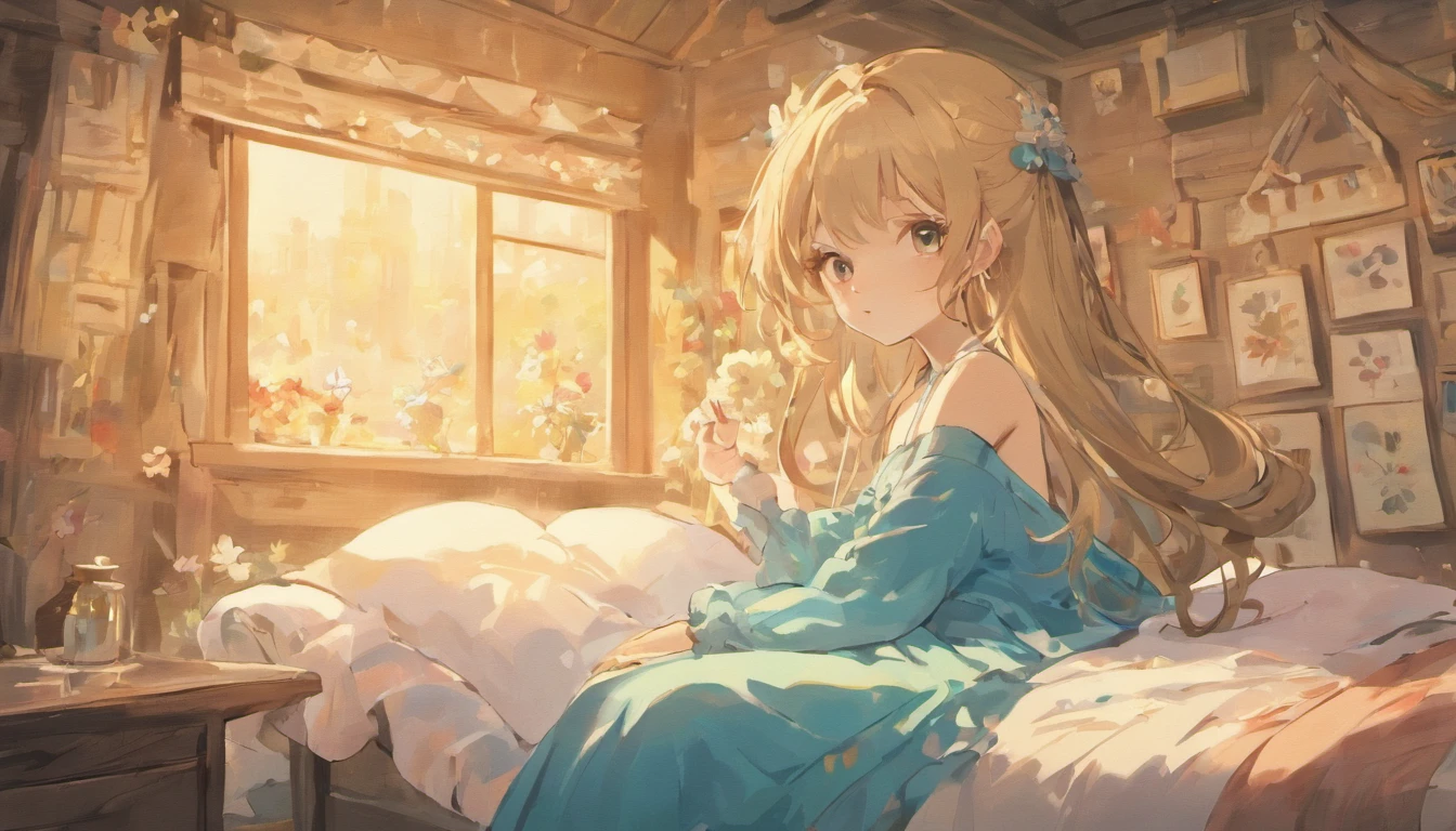 Flowers on the lips、Girl sitting on bed、Whimsical anime style、Carefully drawn down to the smallest detail、light brown and light dark blue,、Lively illustrations、I can't believe this beauty、Multi-layered textures and patterns、Childlike innocence and charm