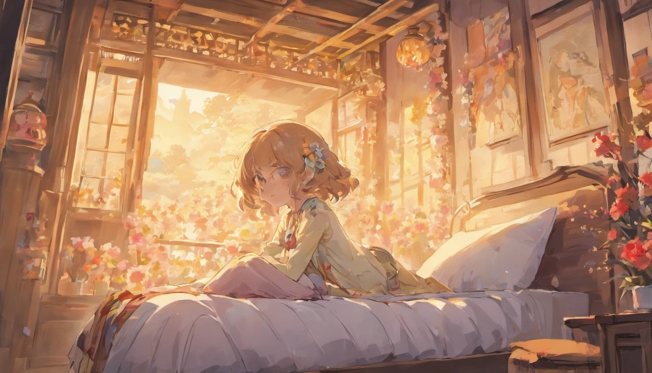 Flowers on the lips、Girl sitting on bed、Whimsical anime style、Carefully drawn down to the smallest detail、light brown and light dark blue,、Lively illustrations、I can't believe this beauty、Multi-layered textures and patterns、Childlike innocence and charm