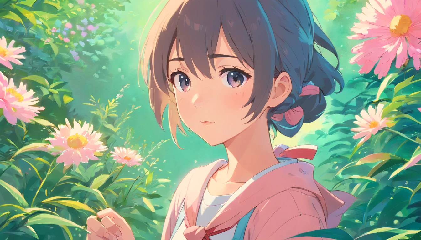 The girl with the rabbit hair tied in the anime' by nao okami, Anime Wallpapers, Detailed botanical illustration style, Light pink and azure, Rich genres of painting, Colorful cartoon, Delicate flowers, Blinking details, Studio portrait
