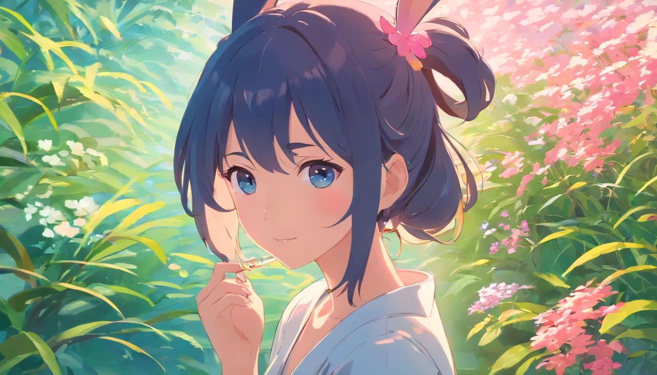 The girl with the rabbit hair tied in the anime' by nao okami, Anime Wallpapers, Detailed botanical illustration style, Light pink and azure, Rich genres of painting, Colorful cartoon, Delicate flowers, Blinking details, Studio portrait