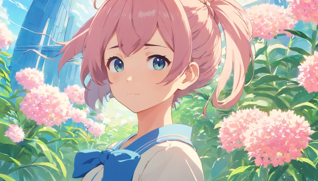 The girl with the rabbit hair tied in the anime' by nao okami, Anime Wallpapers, Detailed botanical illustration style, Light pink and azure, Rich genres of painting, Colorful cartoon, Delicate flowers, Blinking details, Studio portrait