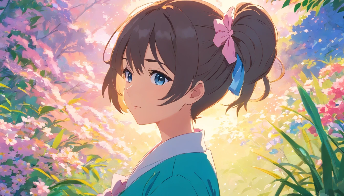 The girl with the rabbit hair tied in the anime' by nao okami, Anime Wallpapers, Detailed botanical illustration style, Light pink and azure, Rich genres of painting, Colorful cartoon, Delicate flowers, Blinking details, Studio portrait