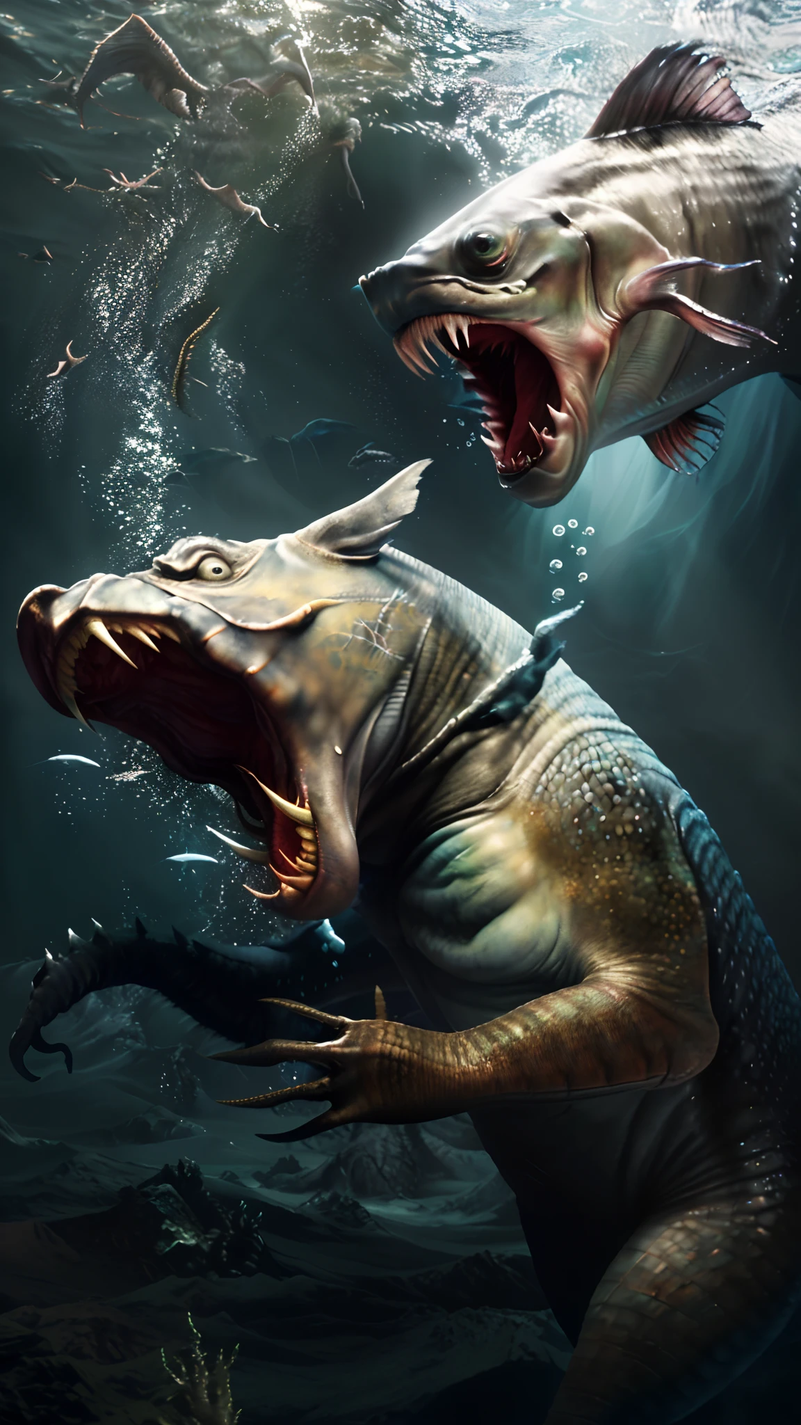 Fish chasing monsters,with her mouth open,underwater sea monster, Realistic creature concept, wojtek fus, aquatic creature, scary sea monster, hyper realistic fantasy monster, creature concept art, creature design, author:Adam Maczynski, inspired by Aleksi Briclot, deep sea creatures, deep sea monster, lovecraftian sea creature, sea monster