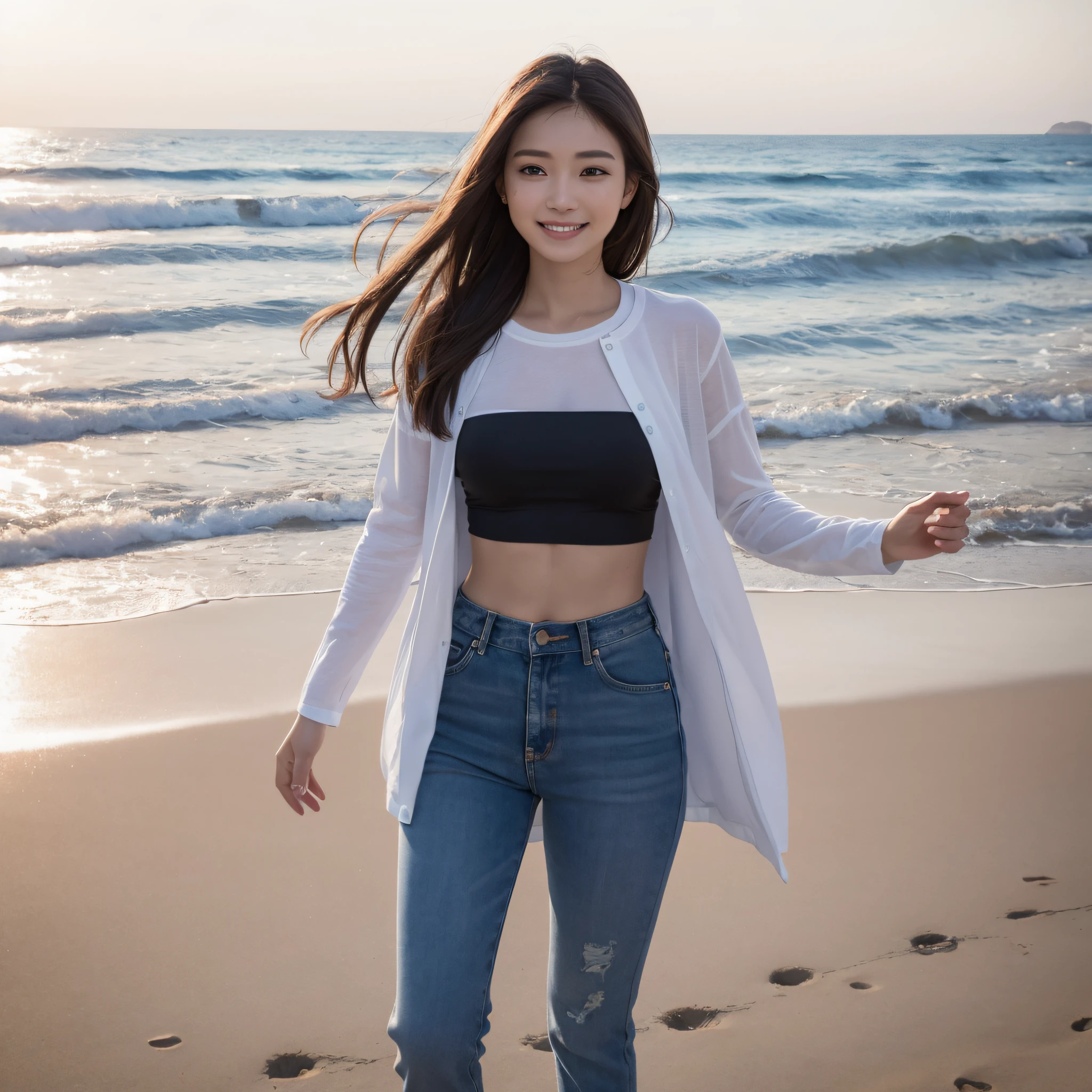 One lady、((best qualtiy、8k masterpieces:1.3))、foco nítido:1.2、(ultra beautiful faces:1.0)、(shinny skin:1.0)、photos realistic、A dark-haired、Video Lighting、High-definition eyes and face、Video Lighting、Cute Top Idol、from the front side、medium breasts、Smile、Slender Abs Beauty、Whole body、wearing t-shirts、On the beach in the morning