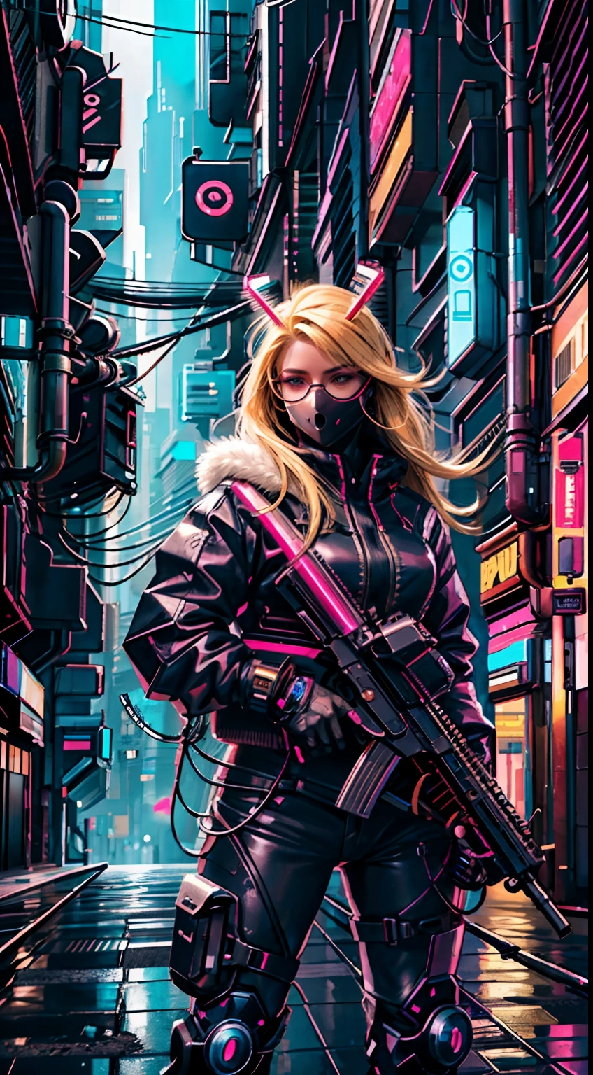 CyberpunkAI, neon, 1woman, blonde, cabelo neon, olhos neon, penteado rabo de cavalo, jaqueta de couro preta, rifle sniper, capuz para cima, esgueirando-se, WMASK, eyeglass, cyberpunk city bustling with neon signs