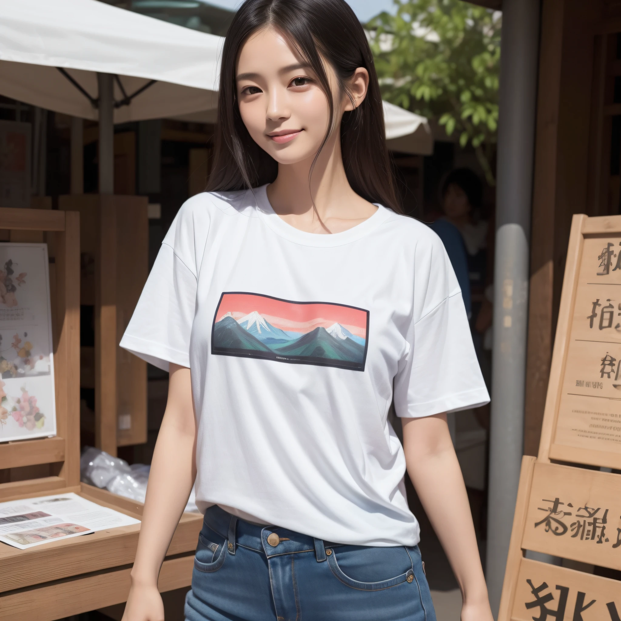 One lady、((best qualtiy、8k masterpieces:1.3))、foco nítido:1.2、(ultra beautiful faces:1.0)、(shinny skin:1.0)、photos realistic、A dark-haired、Video Lighting、High-definition eyes and face、Video Lighting、Cute Top Idol、from the front side、medium breasts、Smile、Slender Abs Beauty、Whole body、Wearing a T-shirt with the Japanese logo、At the market in the early morning、
