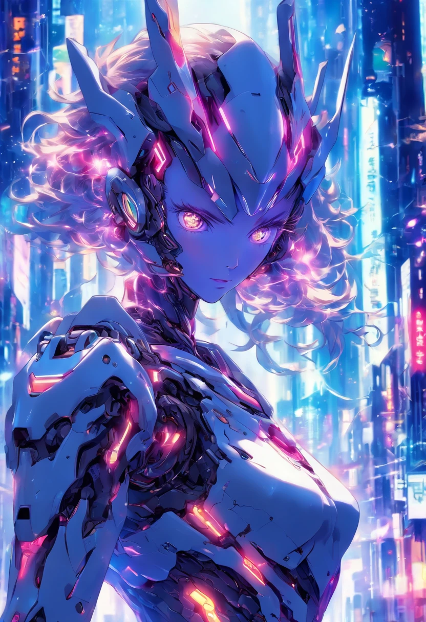 ((robot girl, Mecha)), Leuchtende Augen, Zartes Gesicht, Broken armor, Mechanische Aura, Mechanischer Arm, graue Haare, Lange Haare, Ceramic body, thigh gap, kleine Brust, Cyber-Hintergrund, Very nice city, (Durchscheinend, Reflektierende Haut), 8K, best quality, Ultra-detailliert, (Surrealismus: 1.4),