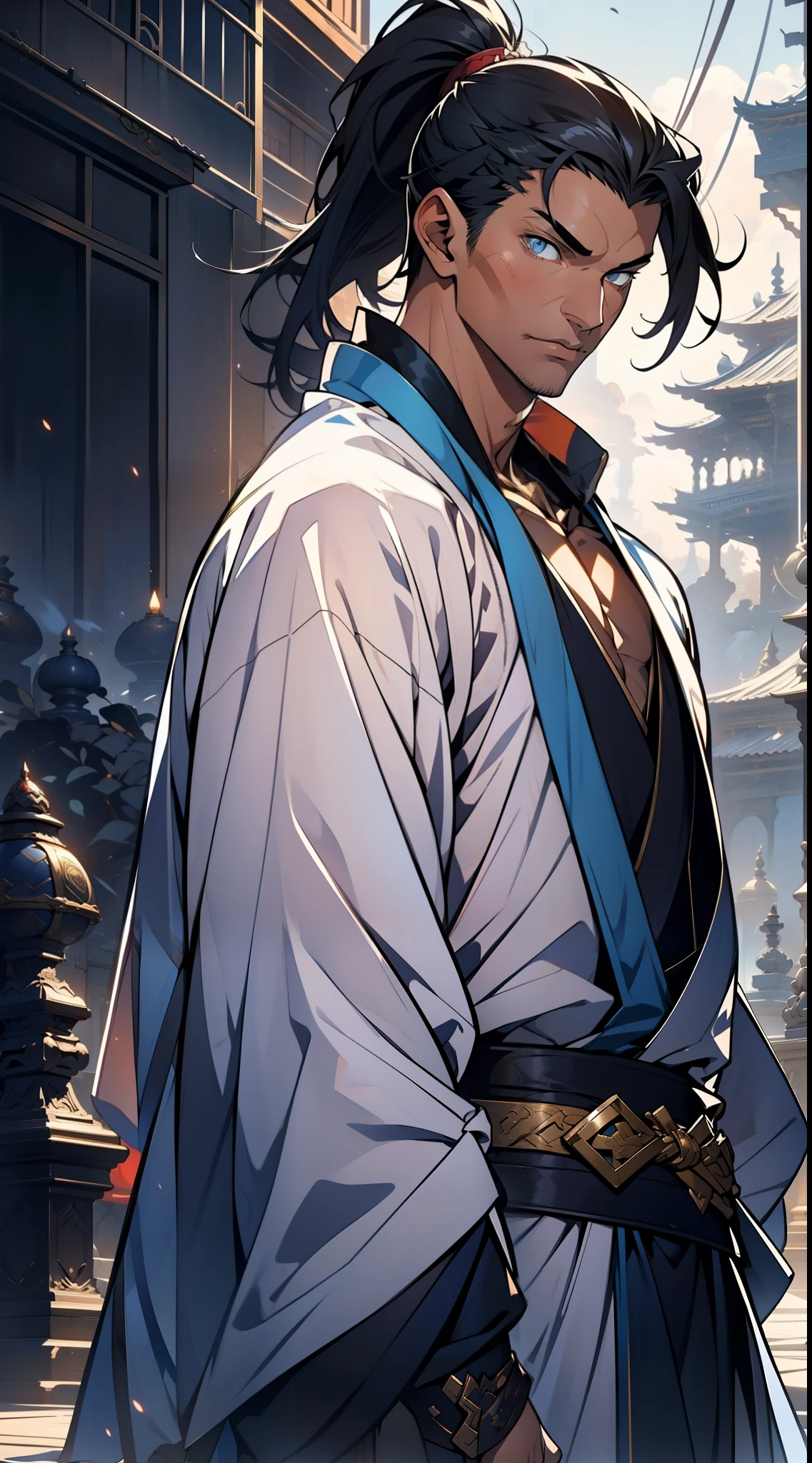 quadratic element，style of anime，mtu（Male Warrior），The proportions are correct，Face details，swordsmen，High ponytail hairstyle，Neck details，There is an Adam's apple，White robe，kaftan，long white robe，clothes details，Handing over，longer sleeves，Game quality，Swordsmanship，Light and shadow tracking，Ray traching，detailed glow，cg render，hair detail，cabelos preto e longos，blue colored eyes，Handsome，Handsome，（juvenile sense），Clothing is complicated，Perfectcomposition，Refinement，high qulity，higher details，Lots of details，The background is complex，a sense of atmosphere，