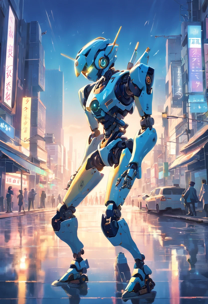 ((robot girl, Mecha)), Leuchtende Augen, Zartes Gesicht, Broken armor, Mechanische Aura, Mechanischer Arm, graue Haare, Lange Haare, Ceramic body, thigh gap, kleine Brust, Cyber-Hintergrund, Very nice city, (Durchscheinend, Reflektierende Haut), 8K, best quality, Ultra-detailliert, (Surrealismus: 1.4),