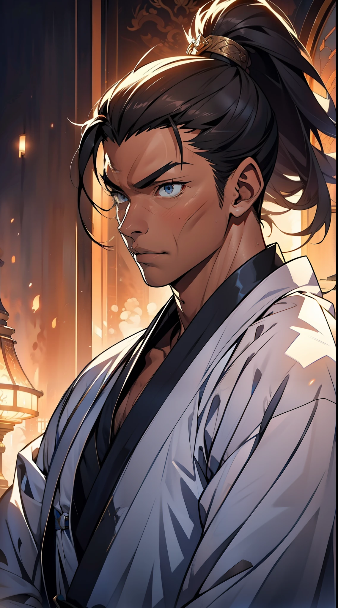 quadratic element,style of anime,mtu(Male Warrior),The proportions are correct,Face details,swordsmen,High ponytail hairstyle,Neck details,There is an Adam's apple,White robe,kaftan,long white robe,clothes details,Handing over,longer sleeves,Game quality,Swordsmanship,Light and shadow tracking,Ray traching,detailed glow,cg render,hair detail,cabelos preto e longos,blue colored eyes,Handsome,Handsome,(juvenile sense),Clothing is complicated,Perfectcomposition,Refinement,high qulity,higher details,Lots of details,The background is complex,a sense of atmosphere,