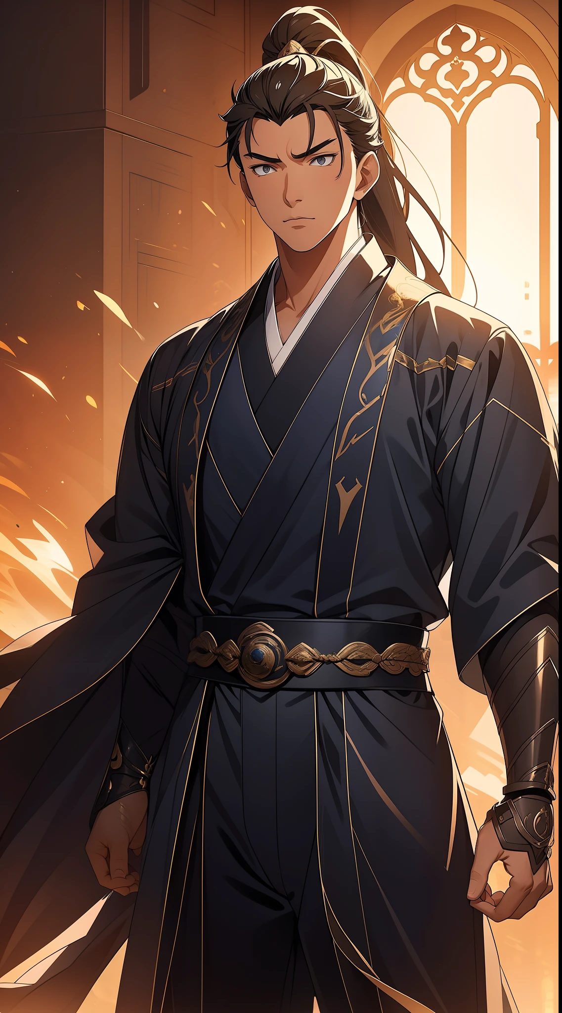 quadratic element,style of anime,mtu(Male Warrior),The proportions are correct,Face details,swordsmen,High ponytail hairstyle,Neck details,There is an Adam's apple,Blue suit,kaftan,long blue robes,clothes details,Handing over,longer sleeves,Game quality,Swordsmanship,Light and shadow tracking,Ray traching,detailed glow,cg render,hair detail,Black long hair,blue colored eyes,Handsome,Handsome,(juvenile sense),Clothing is complicated,Perfectcomposition,Refinement,high qulity,higher details,Lots of details,The background is complex,a sense of atmosphere,