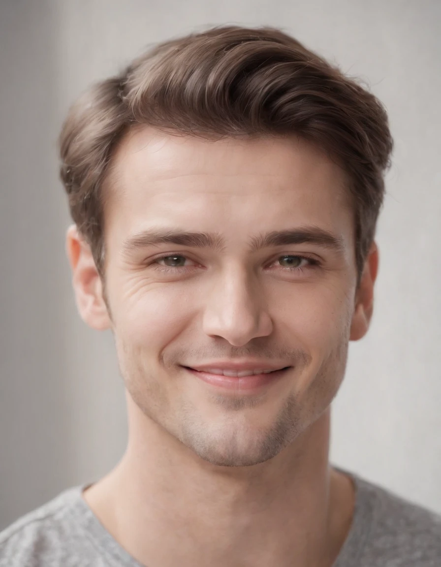(Photo: 1.3) af (Realism: 1.3), Caucasian man soft light, clear face, happy, cheerful, smiling, warm light, ((gray white background)), ((gray white background)). ((gray wall background)) avatar, (long or short hair), smile, handsome, young,, short hair, smile, (medium close-up)