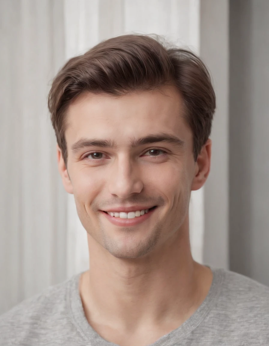 (Photo: 1.3) af (Realism: 1.3), Caucasian man soft light, clear face, happy, cheerful, smiling, warm light, ((gray white background)), ((gray white background)). ((gray wall background)) avatar, (long or short hair), smile, handsome, young,, short hair, smile, (medium close-up)