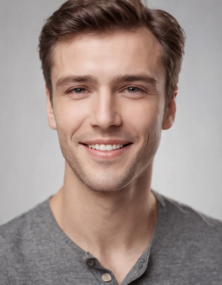 (Photo: 1.3) af (Realism: 1.3), Caucasian man soft light, clear face, happy, cheerful, smiling, warm light, ((gray white background)), ((gray white background)). ((gray wall background)) avatar, (long or short hair), smile, handsome, young,, short hair, smile, (medium close-up)