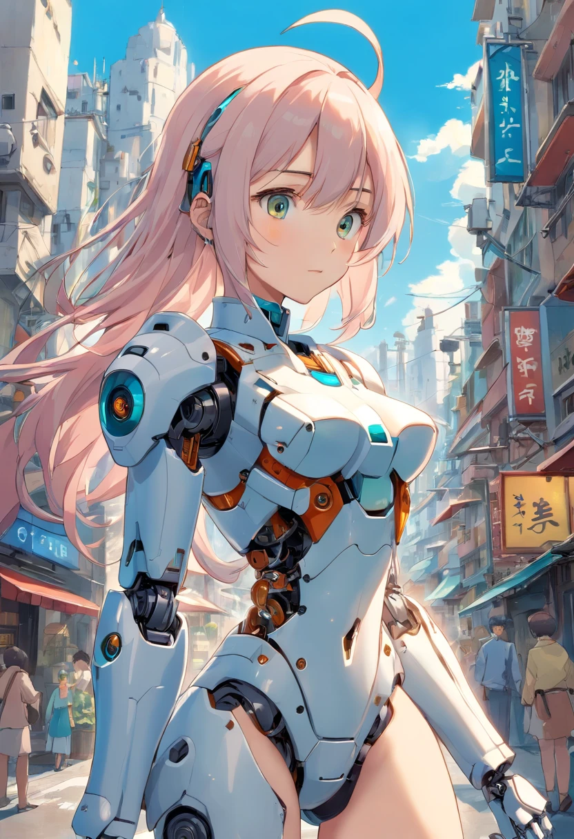 ((robot girl, Mecha)), Leuchtende Augen, Zartes Gesicht, Broken armor, Mechanische Aura, Mechanischer Arm, graue Haare, Lange Haare, Ceramic body, thigh gap, kleine Brust, Cyber-Hintergrund, Very nice city, (Durchscheinend, Reflektierende Haut), 8K, best quality, Ultra-detailliert, (Surrealismus: 1.4),