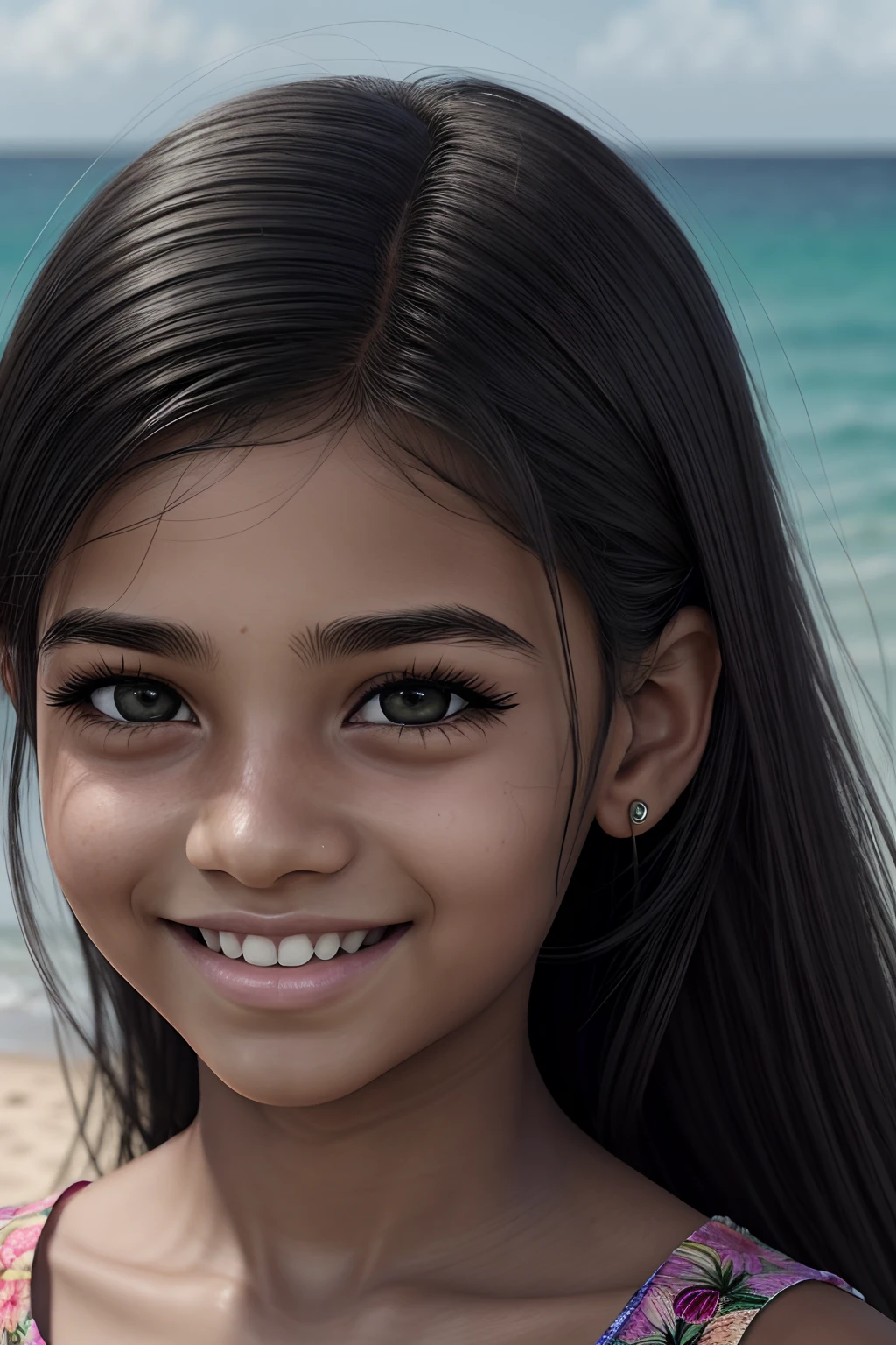 r18, Lani Kala, A close-up of a girl with a floral dress, girl portrait, Retrato suave disparado 8K, Young african girl, , hermosa joven, Pintura digital ultra realista, linda joven, Retrato de chica hermosa, Retrato muy bonito, Retrato de alta calidad, Arte digital ultra realista, looking at viewer, green eyes, eyes reflect, long black hair, beach background, smiling, hair reflects, hyperrealism, lifelike, realistic pores on the skin, realistic eyelashes,