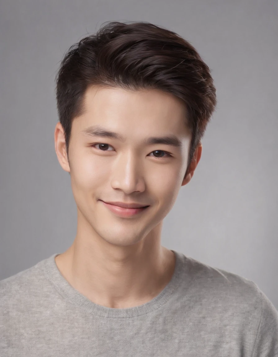 (photo: 1.3) af (realistic: 1.3), east asian man, soft light, clear face, happy, cheerful, smiling, warm light, ((gray-white gradient background)), (background)). ((gray wall background)) avatar, (long or short hair), smile, handsome, young,, short hair, smile, ((medium close-up))