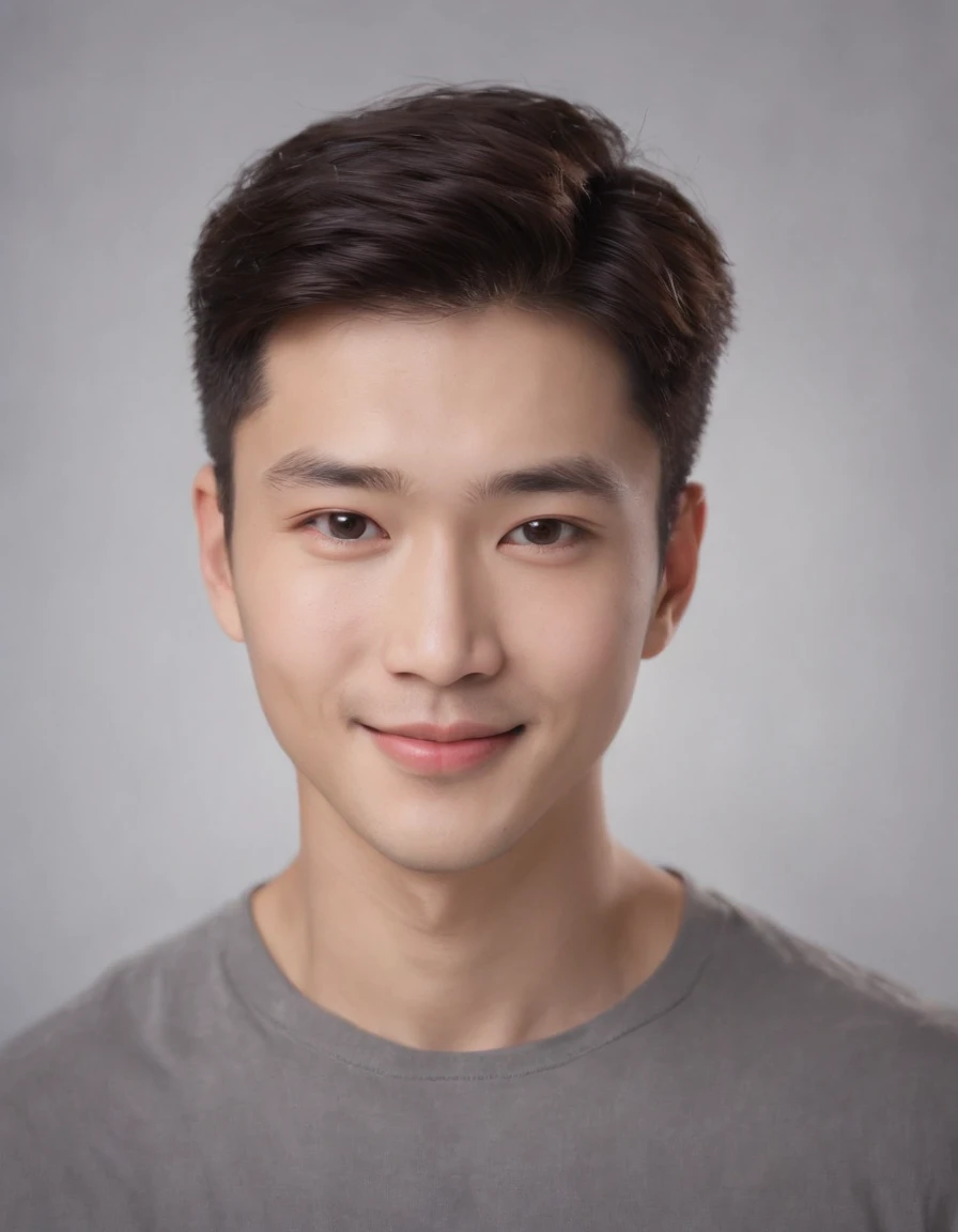 (photo: 1.3) af (realistic: 1.3), east asian man, soft light, clear face, happy, cheerful, smiling, warm light, ((gray-white gradient background)), (background)). ((gray wall background)) avatar, (long or short hair), smile, handsome, young,, short hair, smile, ((medium close-up))