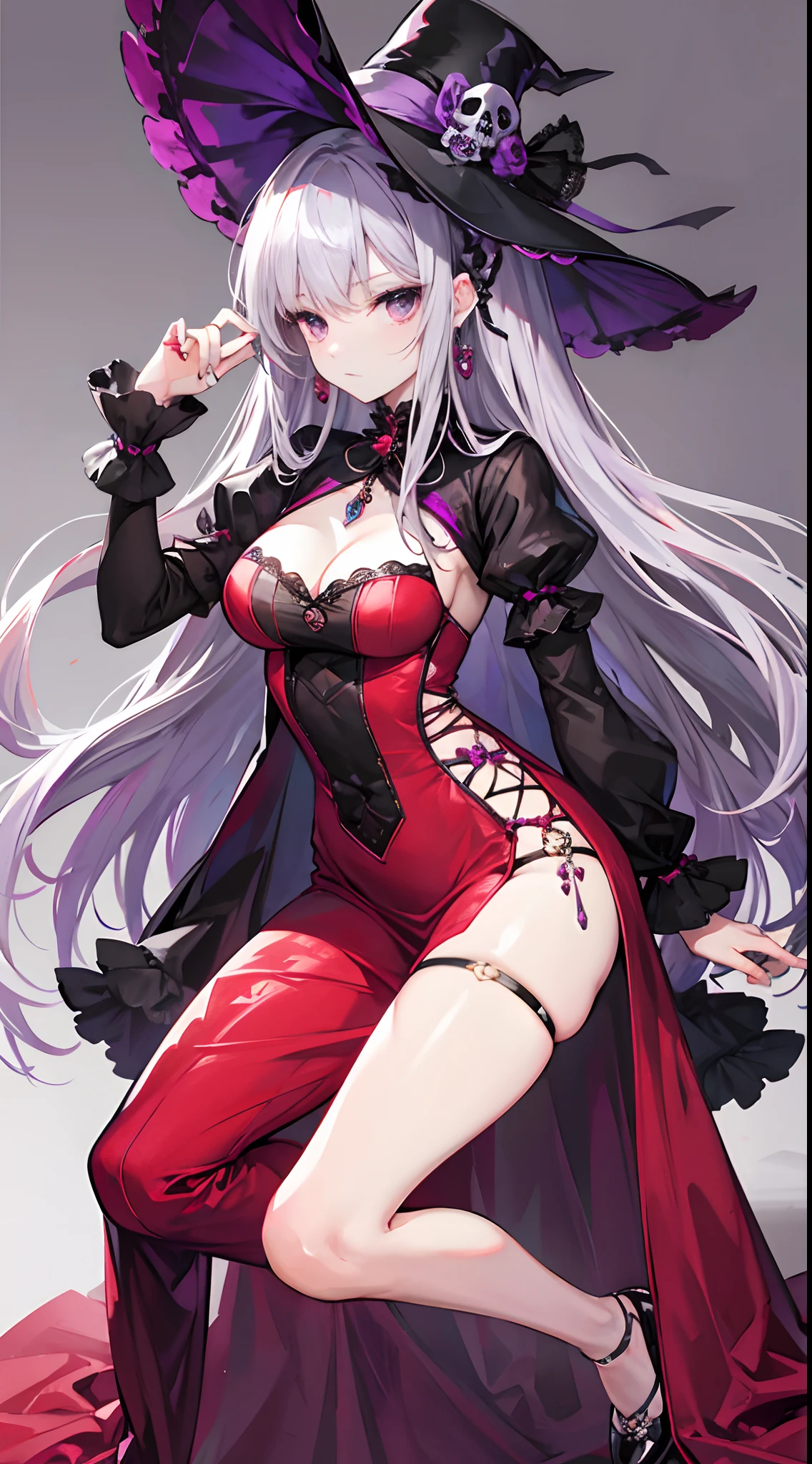 Purple Crystal Pendant，bandage on her hands，skull ring，full body，Red dress, ladylike hat, Victorian style, long gray hair, black eyes, D cup