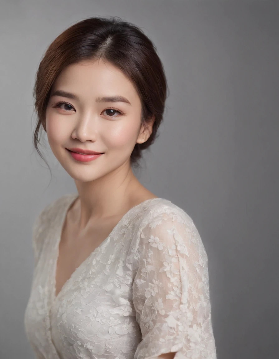 (photo: 1.3) af (realistic: 1.3), east asian woman, soft light, clear face, happy, cheerful, smiling, warm light, ((gray-white gradient background)), (background)). ((gray wall background)) avatar, (long or short hair), smile, handsome, young,, short hair, smile, ((medium close-up))