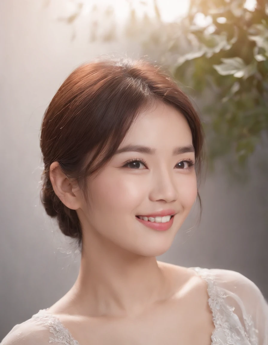 (photo: 1.3) af (realistic: 1.3), east asian woman, soft light, clear face, happy, cheerful, smiling, warm light, ((gray-white gradient background)), (background)). ((gray wall background)) avatar, (long or short hair), smile, handsome, young,, short hair, smile, ((medium close-up))