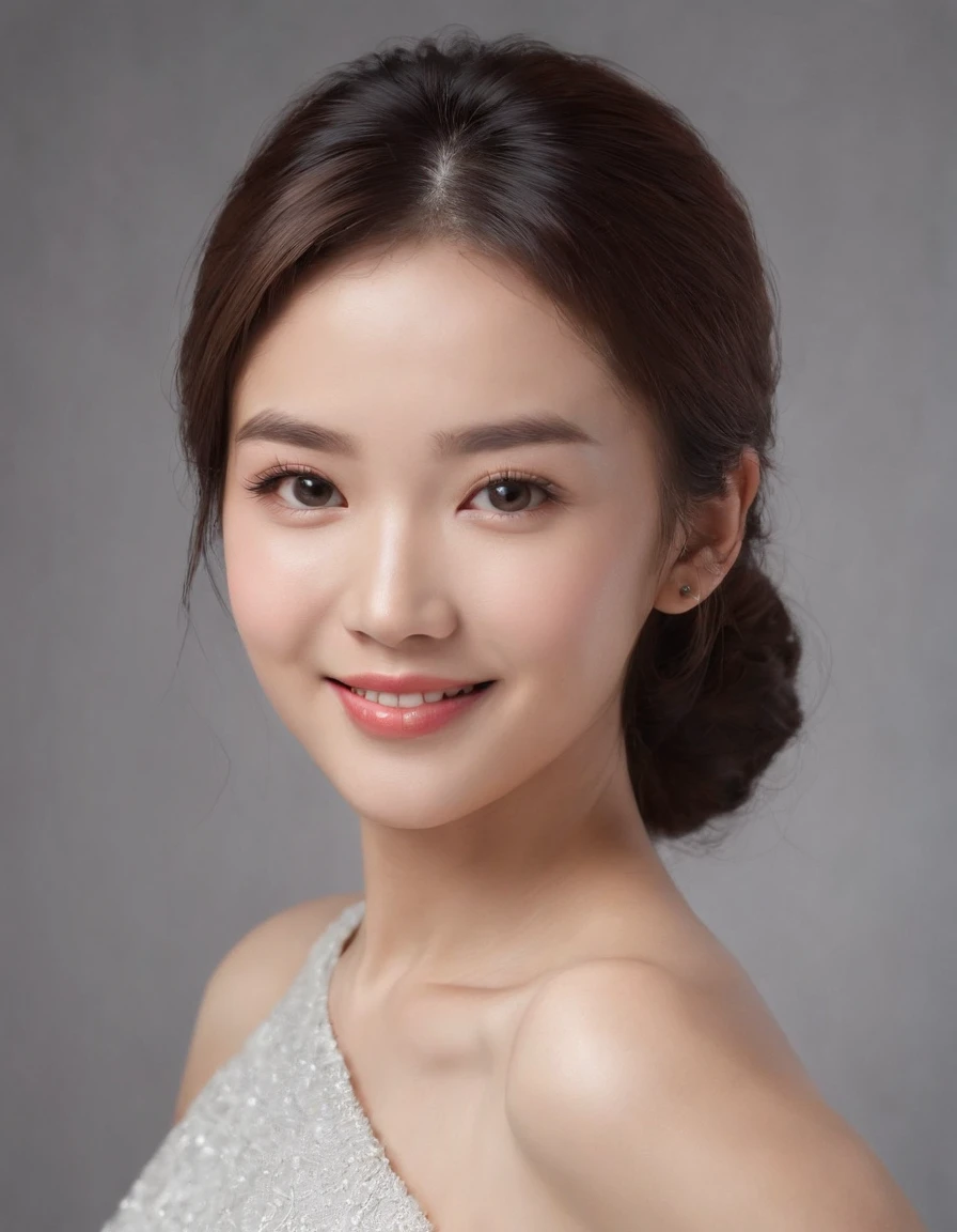 (photo: 1.3) af (realistic: 1.3), east asian woman, soft light, clear face, happy, cheerful, smiling, warm light, ((gray-white gradient background)), (background)). ((gray wall background)) avatar, (long or short hair), smile, handsome, young,, short hair, smile, ((medium close-up))