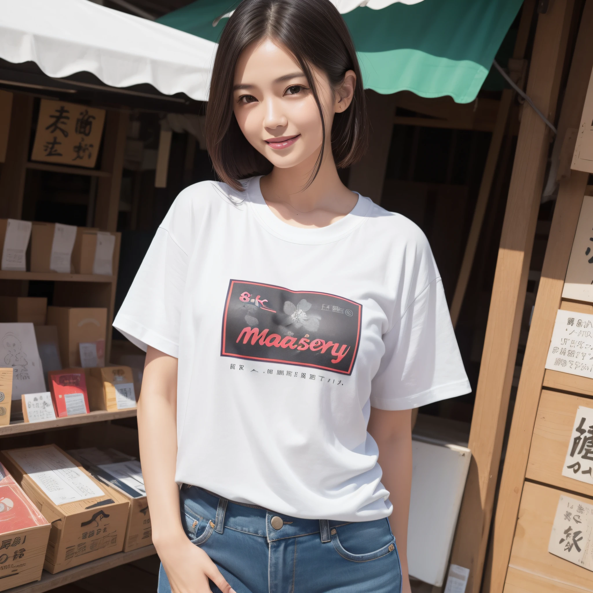 One lady、((best qualtiy、8k masterpieces:1.3))、foco nítido:1.2、(ultra beautiful faces:1.0)、(shinny skin:1.0)、photos realistic、A dark-haired、Video Lighting、High-definition eyes and face、Video Lighting、Cute Top Idol、from the front side、medium breasts、Smile、Slender Abs Beauty、Whole body、Wearing a T-shirt with the Japanese logo、At the market in the early morning、