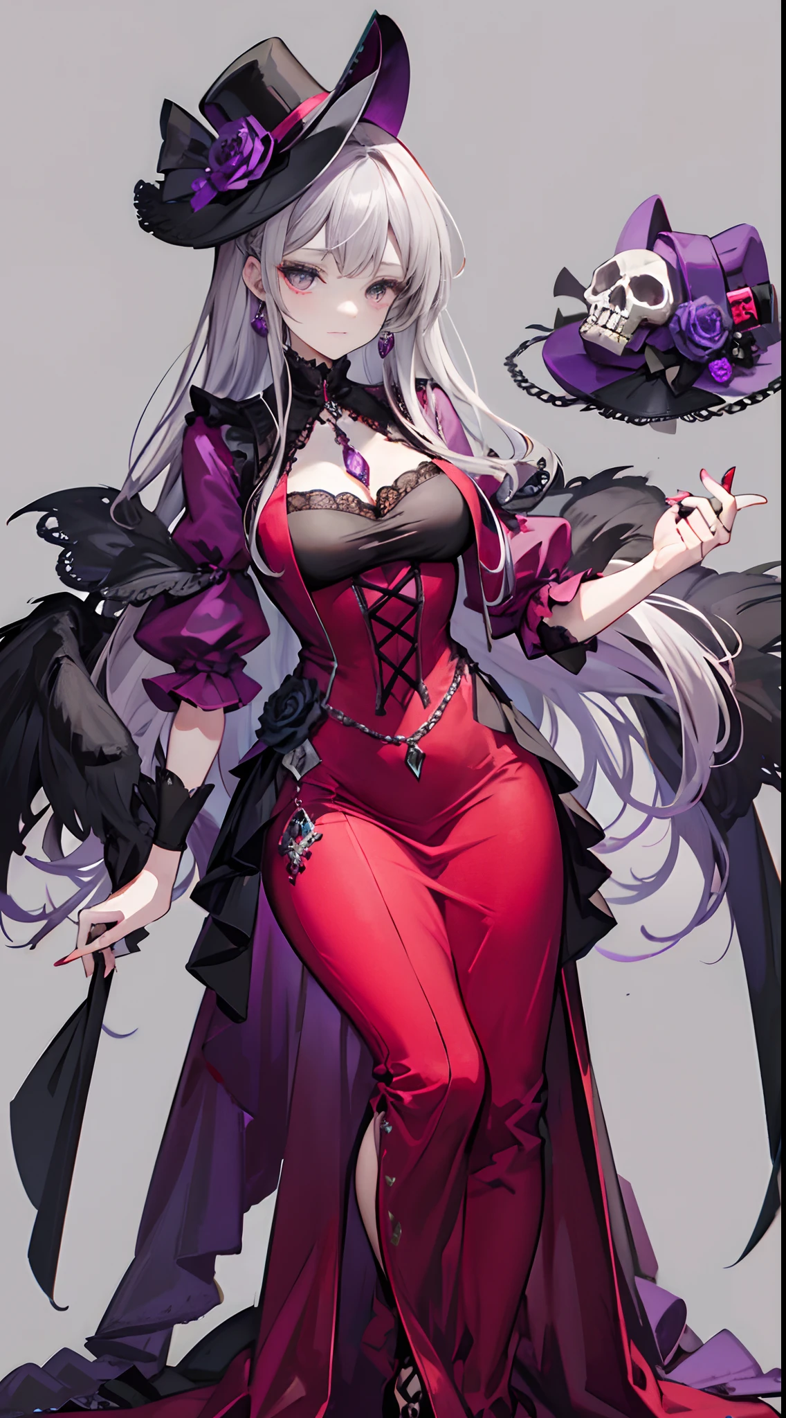 Purple Crystal Pendant,bandage on her hands,skull ring,full body,Red dress, ladylike hat, Victorian style, long gray hair, black eyes, D cup